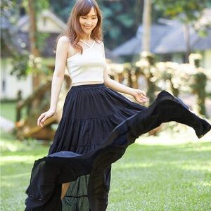NWOT Women's Cotton Black Long Ruffle Full Circle Long Maxi Skirt